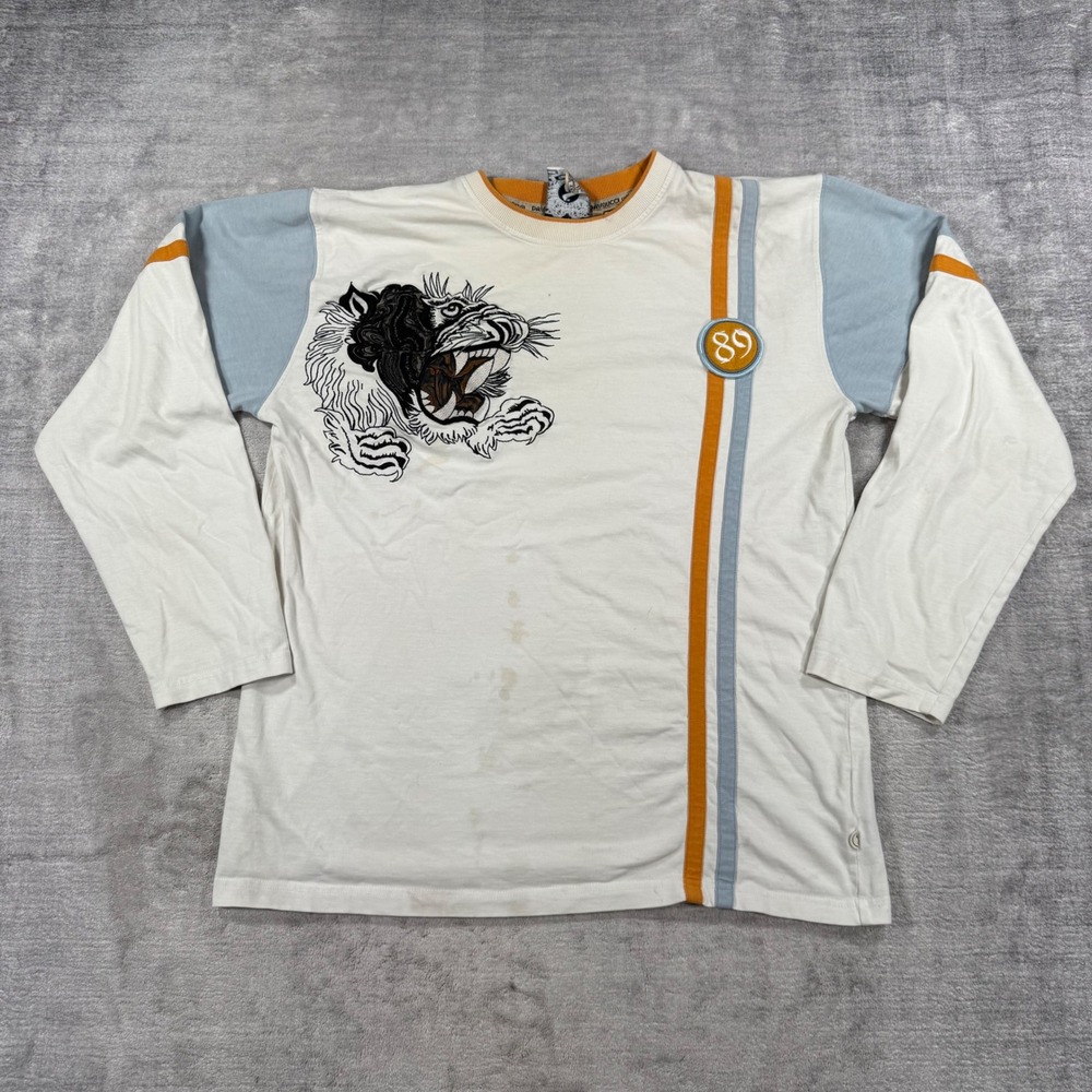 Davoucci Shirt Mens Large Cream Long Sleeve Tiger Embroidered Vtg Y2K Streetwear
